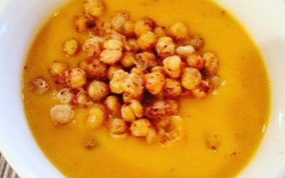 Recipe: Sweet Potato Leek Soup (topped with roasted chickpeas)